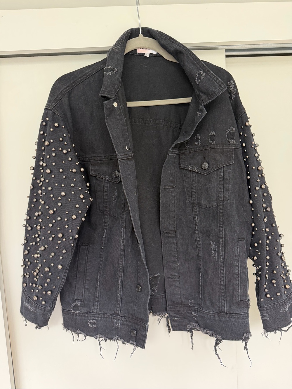 Black Distressed Pearl-Embellished Denim Jacket